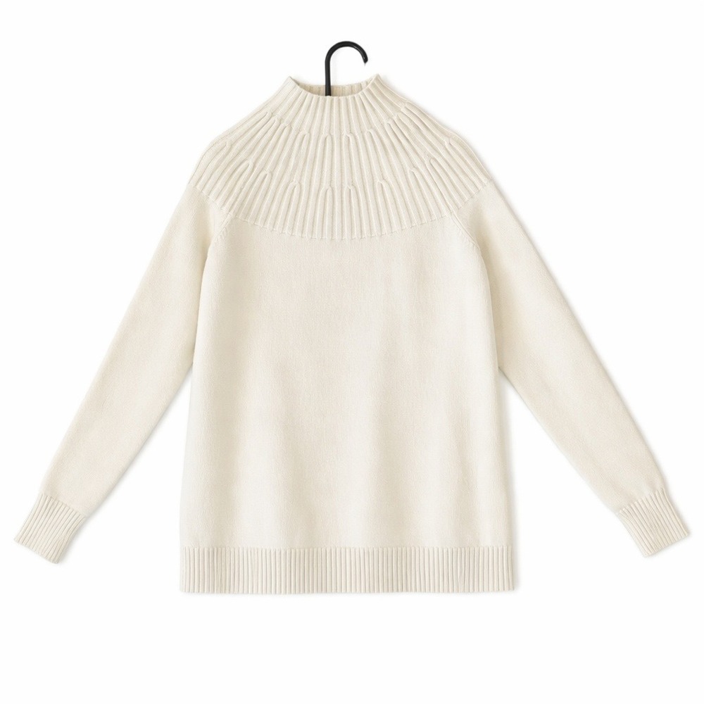 Anthropologie Cream Ribbed Yoke Mock Neck‎ Knit Sweater Womens XS